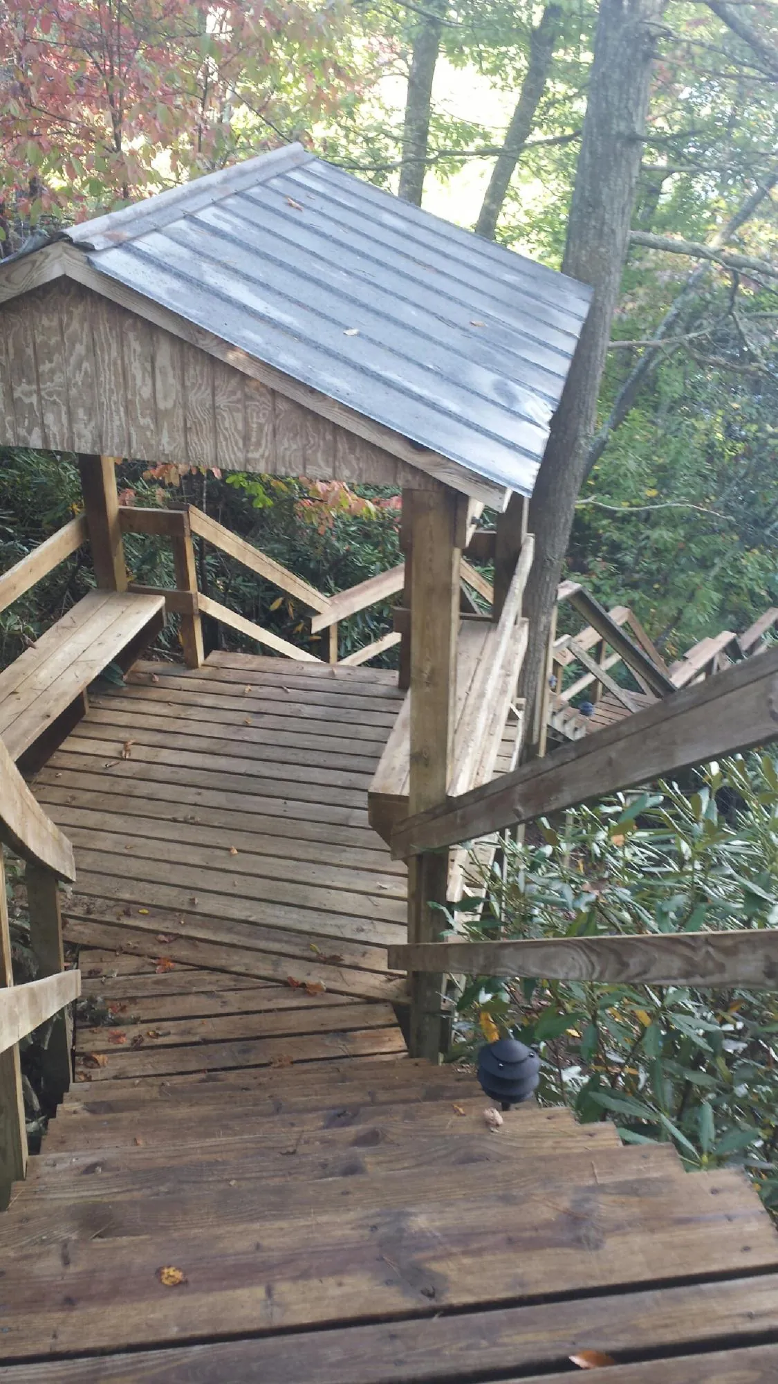 Metal roofed shelter over wooden steps on a wooded walkway — Skylight Repair & Installation work by our crew in Collettsville